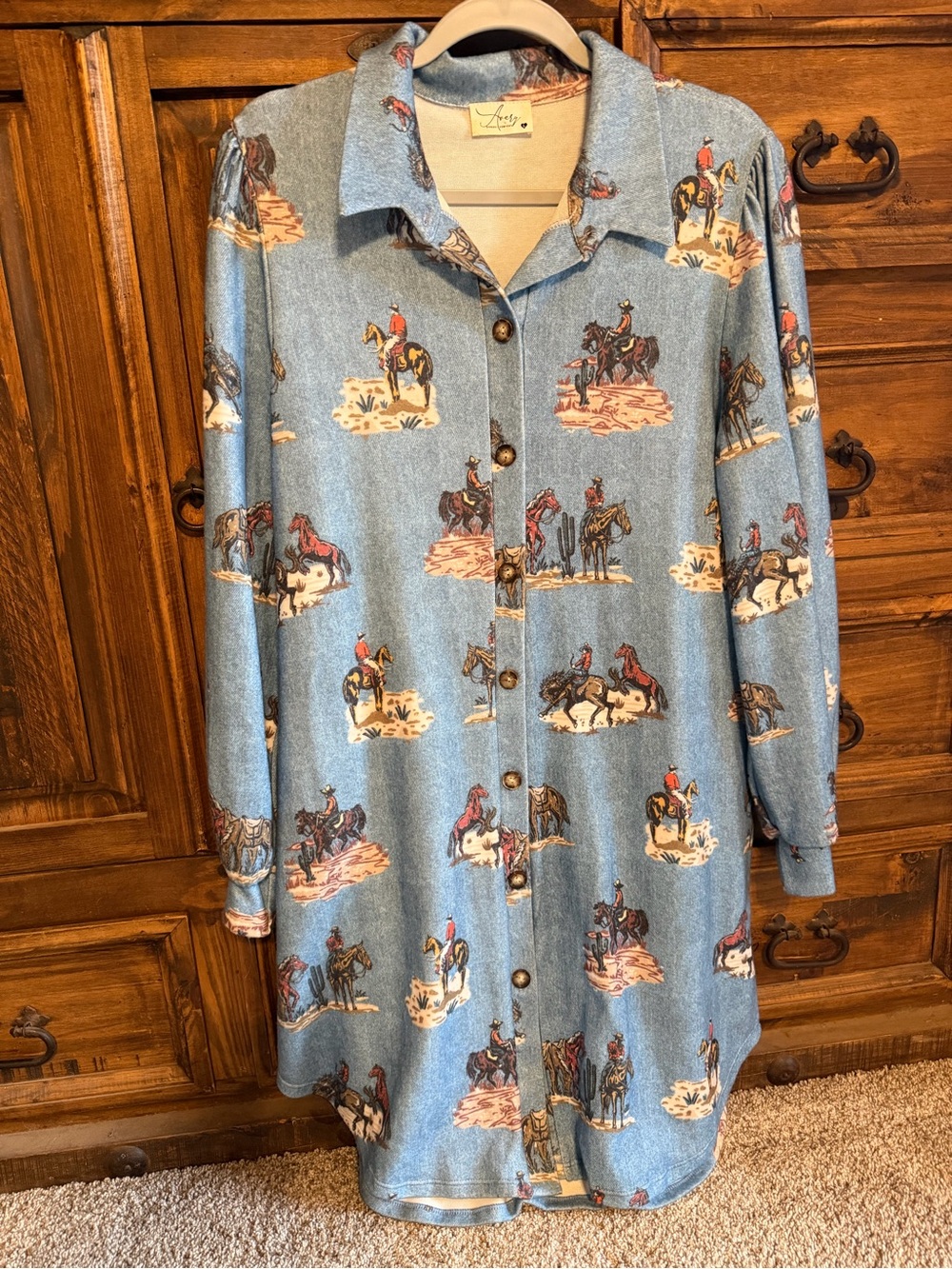 Avery Light Blue Western Horse-Print Button-Front Nightgown